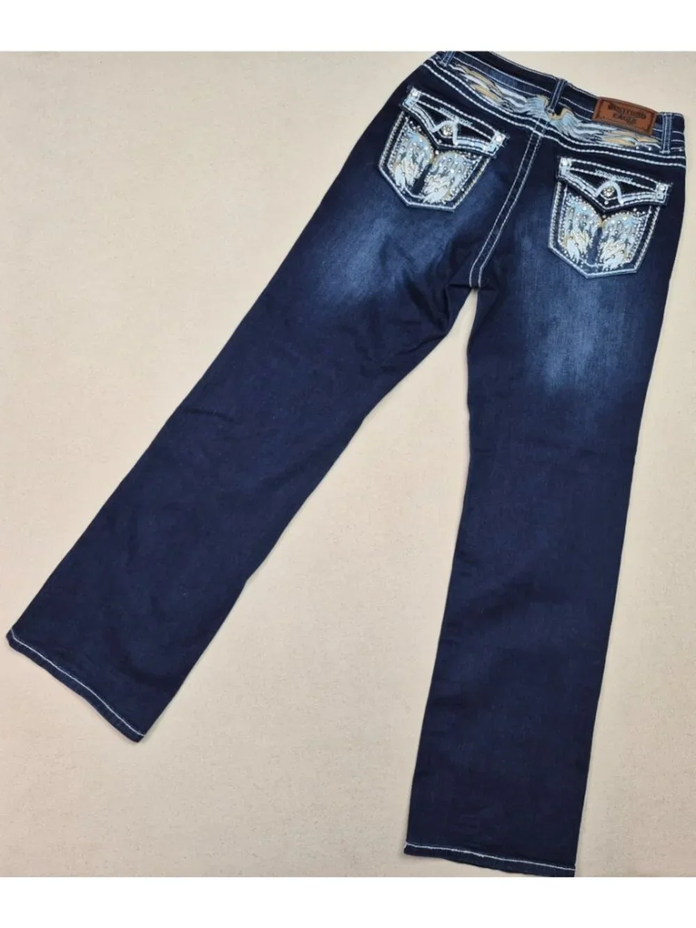 Westfield Eagle Womens Blue Jeans Embellished Straight Boho Dark Wash Sz 9 29/32